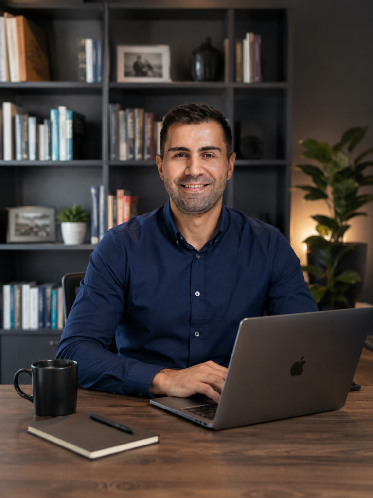 Robert, Gründer und Experte für Kalkulation und Automatisierung, an seinem Schreibtisch im Büro mit Laptop