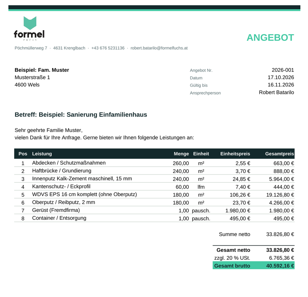Automatisch erstelltes Angebot mit Logo, Positionen und Summen