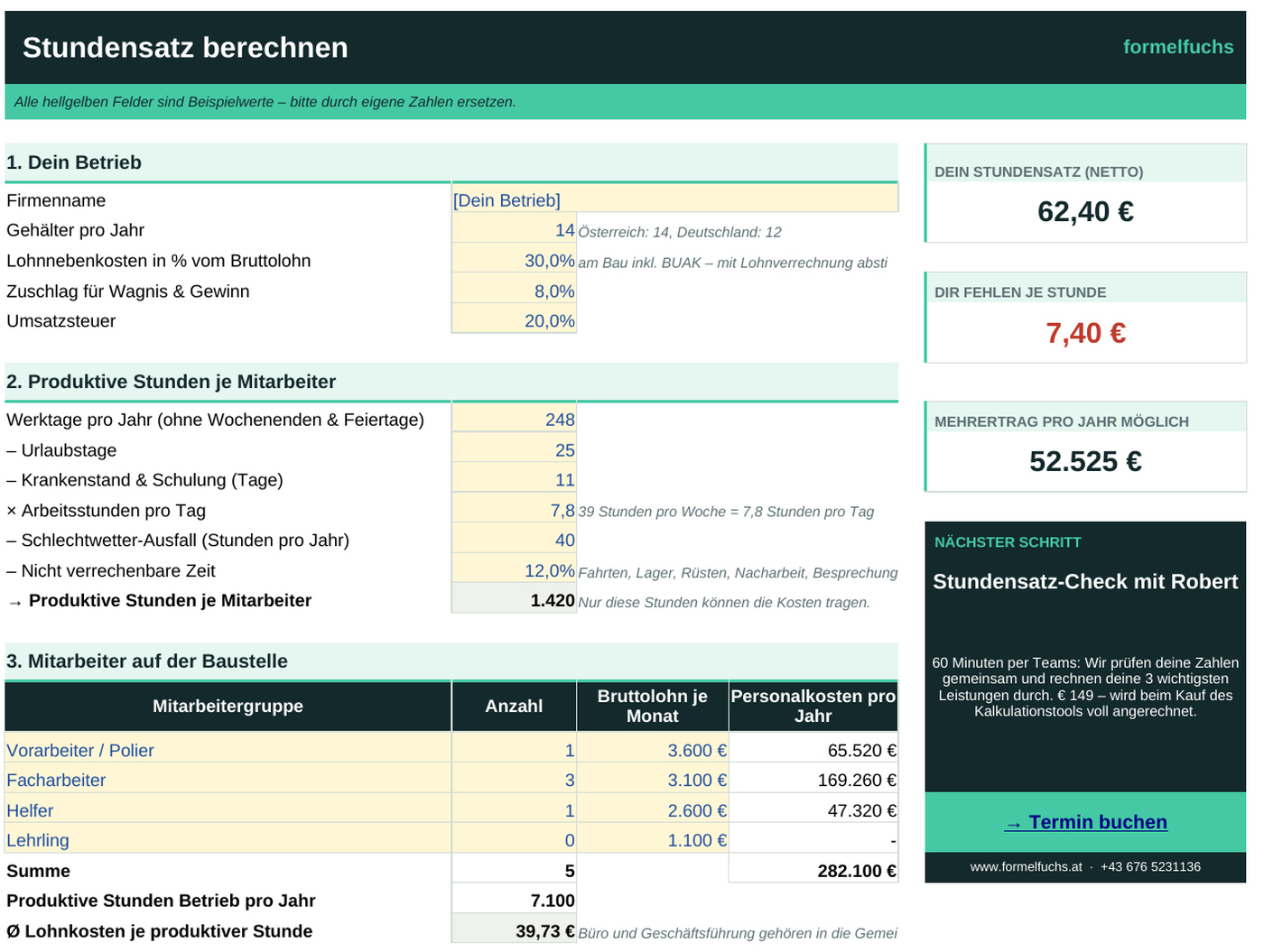 Stundensatz berechnen mit dem kostenlosen Excel-Rechner von Formelfuchs